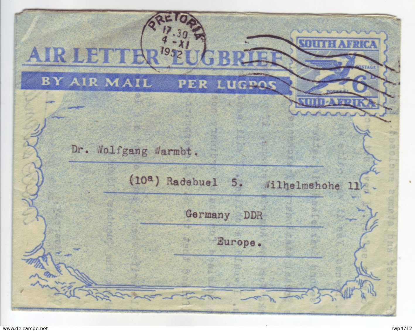 SOUTH AFRICA   Air Letter    Aerogramme 6d  1952  To Germany/GDR - Luftpost