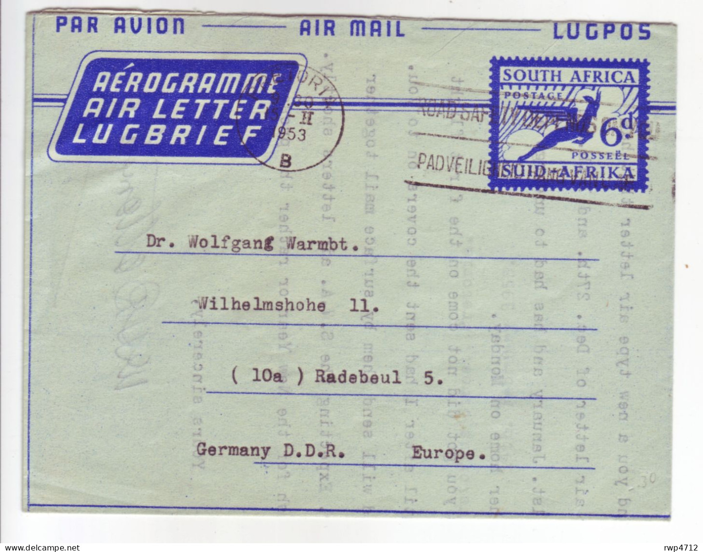 SOUTH AFRICA   Air Letter    Aerogramme 6d  1953  To Germany/GDR - Poste Aérienne