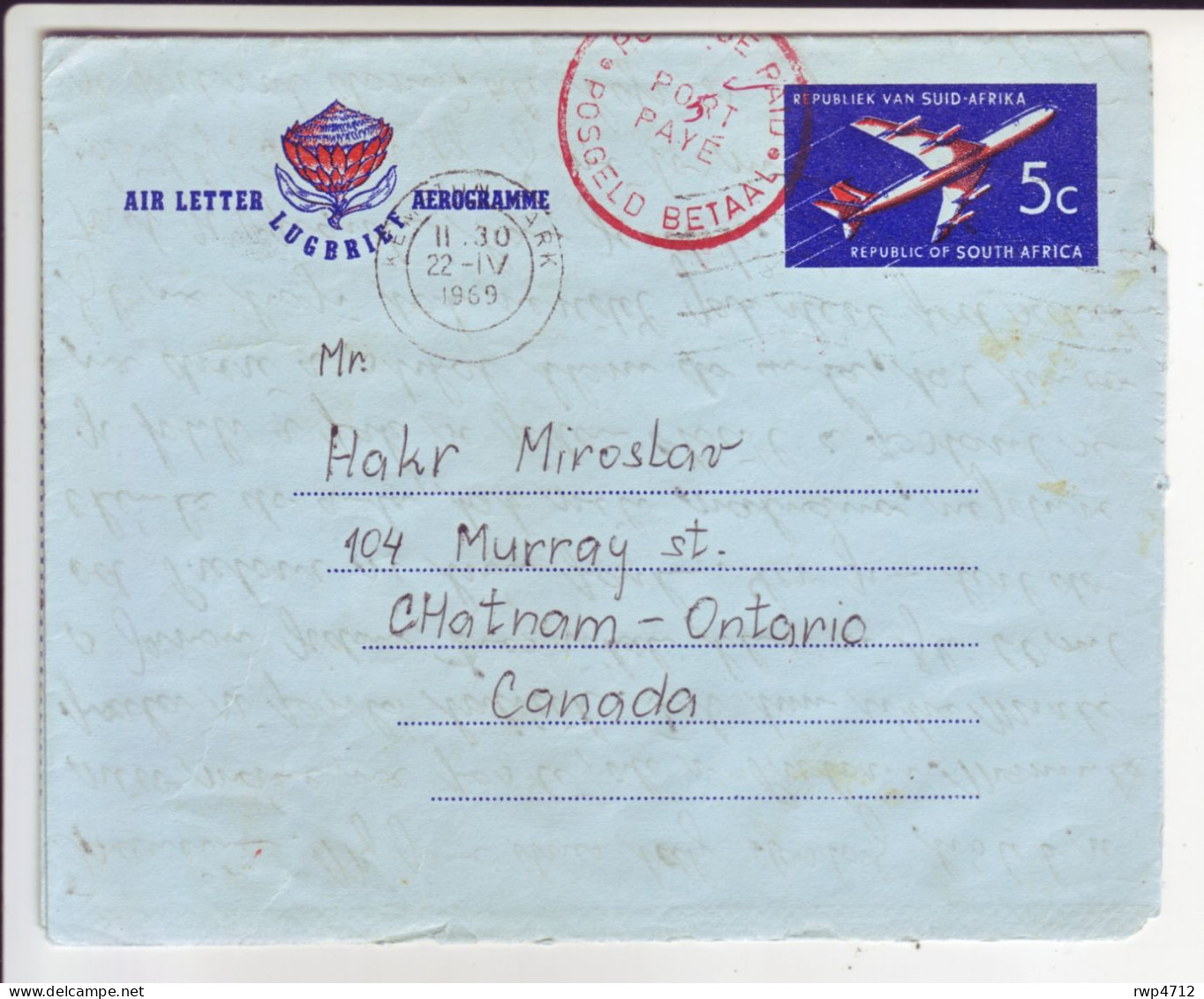 SOUTH AFRICA   Air Letter    Aerogramme 5c  1969  To Canada - Briefe U. Dokumente