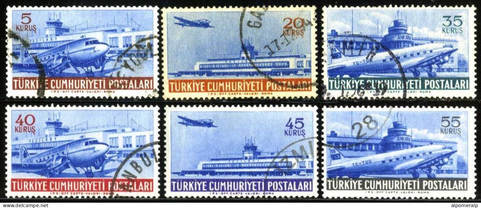 Türkiye 1954 Mi 1404-1409 Airmail, Plane, Aircraft, Douglas DC 3, Airfield, Yeşilköy And Esenboğa Airport - Oblitérés