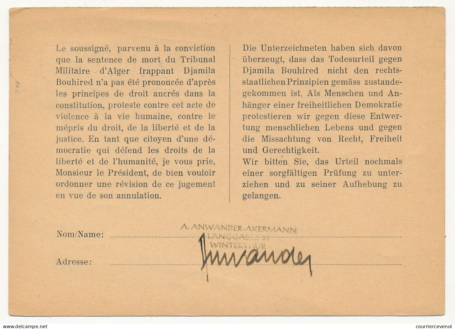 SUISSE / FRANCE - Carte Pétition Pour La Révision De Procès De Djamila Bouhired, Adressée Au Président Coty  1958 - Briefe U. Dokumente