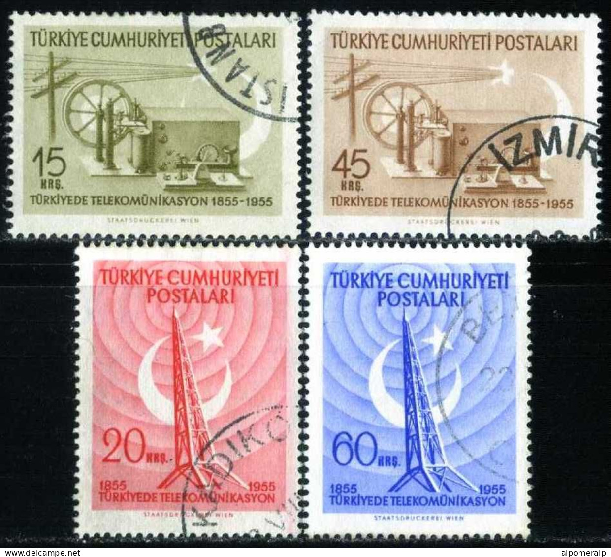 Türkiye 1955 Mi 1436-1439 The Centenary Of The Telecommunication In Türkiye | Telegraph, Crescent (Moon) - Used Stamps