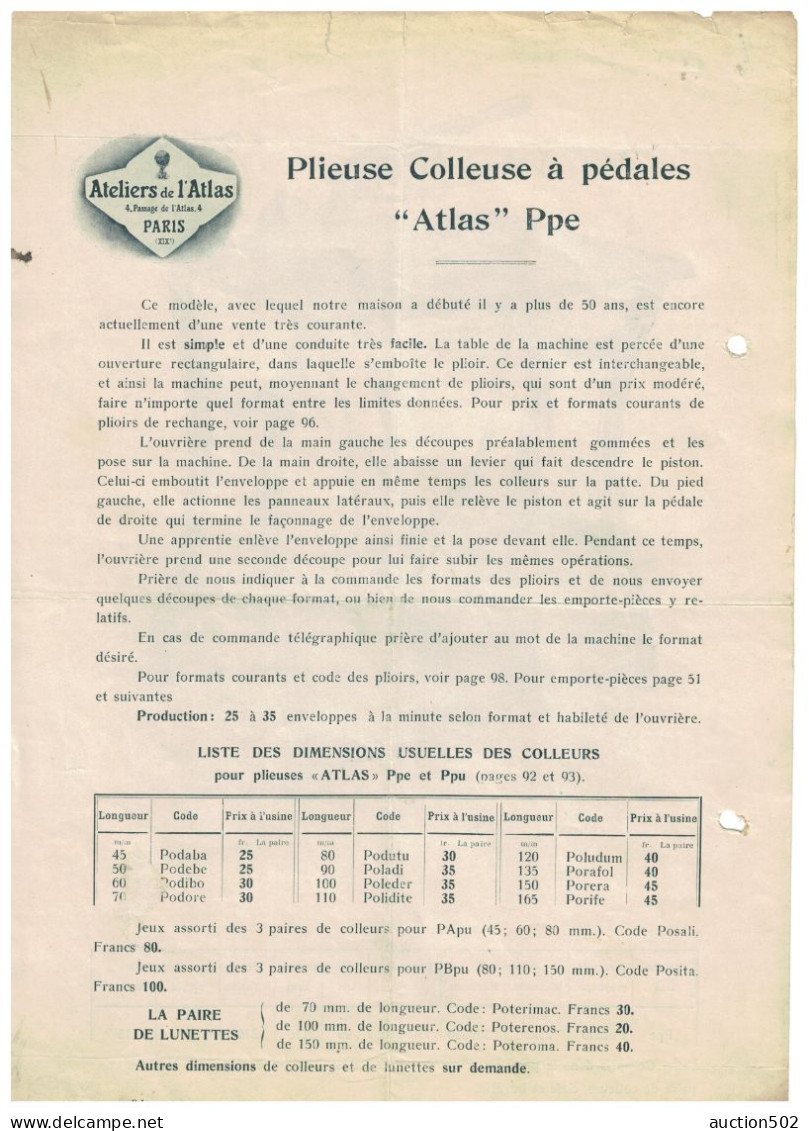 Ateliers De L'Atlas Paris Agent R.Hammacher Bruxelles Matériel Plieuse Colleuse à Pédales " Atlas" Ppe - Matériel Et Accessoires