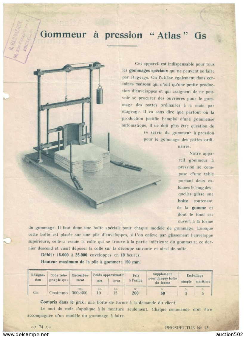 Ateliers De L'Atlas Paris Agent R.Hammacher Bruxelles  Matériel Brosses "Atlas" Gommeur à Pression " Atlas" Gs - Matériel Et Accessoires