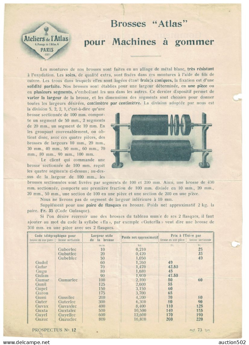 Ateliers De L'Atlas Paris Agent R.Hammacher Bruxelles  Matériel Brosses "Atlas" Gommeur à Pression " Atlas" Gs - Matériel Et Accessoires