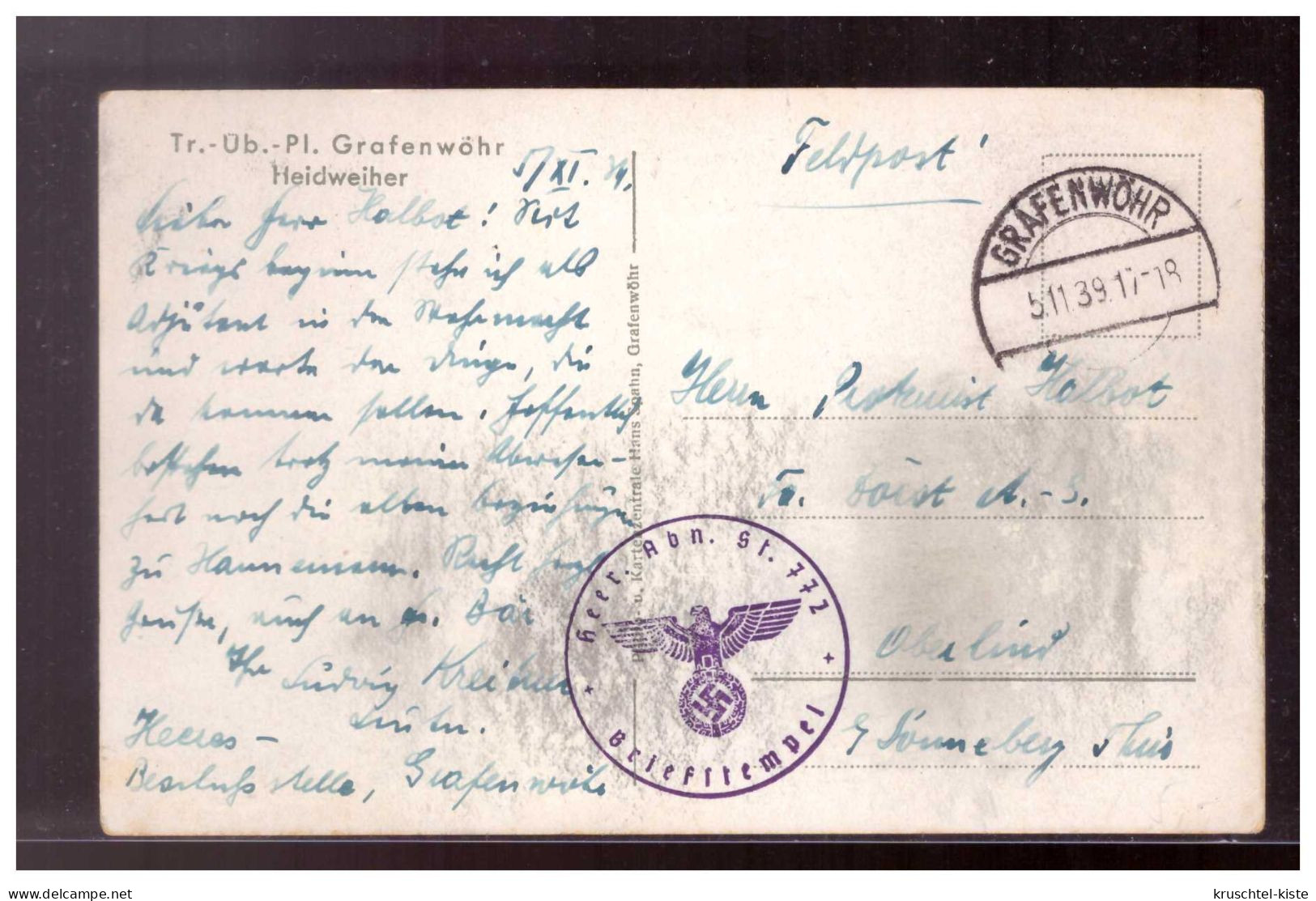 DT-Reich (021611) Postkarte Tr.Üb. Pl. Grafenwöhr, Heideweiher, Gelaufen Feldpost Grafenwöhr 5.11.1939 - Neustadt Waldnaab