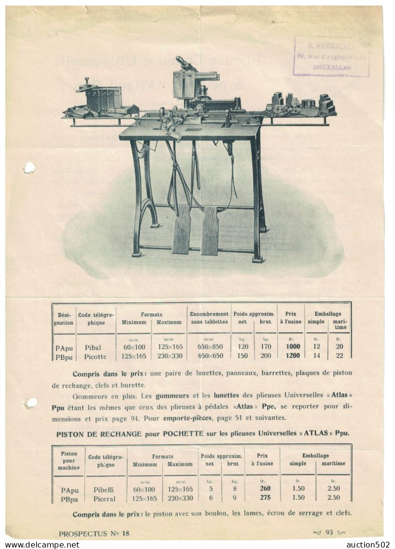 Ateliers De L'Atlas Paris Agent R.Hammacher Bruxelles  Matériel Plieuse Colleuse Universelle à Pédales "Atlas" Ppu - Materiaal En Toebehoren