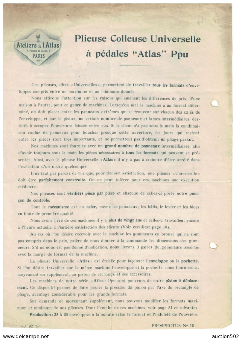 Ateliers De L'Atlas Paris Agent R.Hammacher Bruxelles  Matériel Plieuse Colleuse Universelle à Pédales "Atlas" Ppu - Matériel Et Accessoires