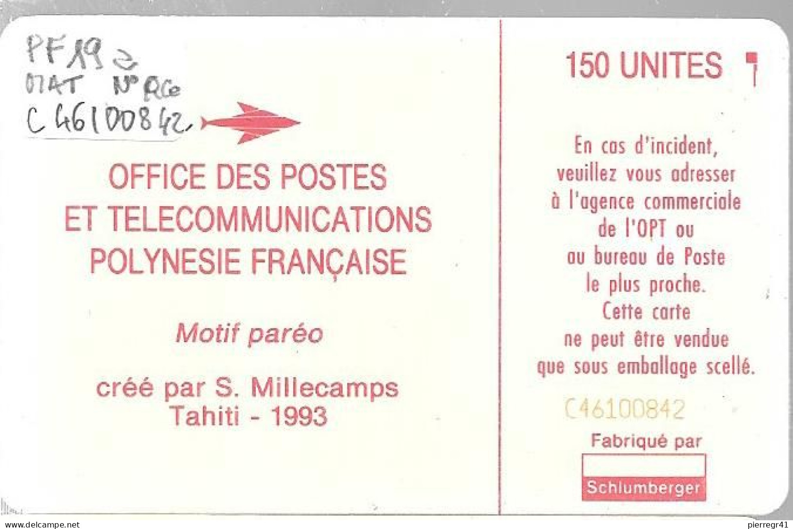 CARTE-PUCE-POLYNESIE-PF19a-150U-SC5-S/Entourage-PAREO ROUGE-V° 9 N° Rouge-C46100842-UTILISE-TBE-/RARE - Polynésie Française