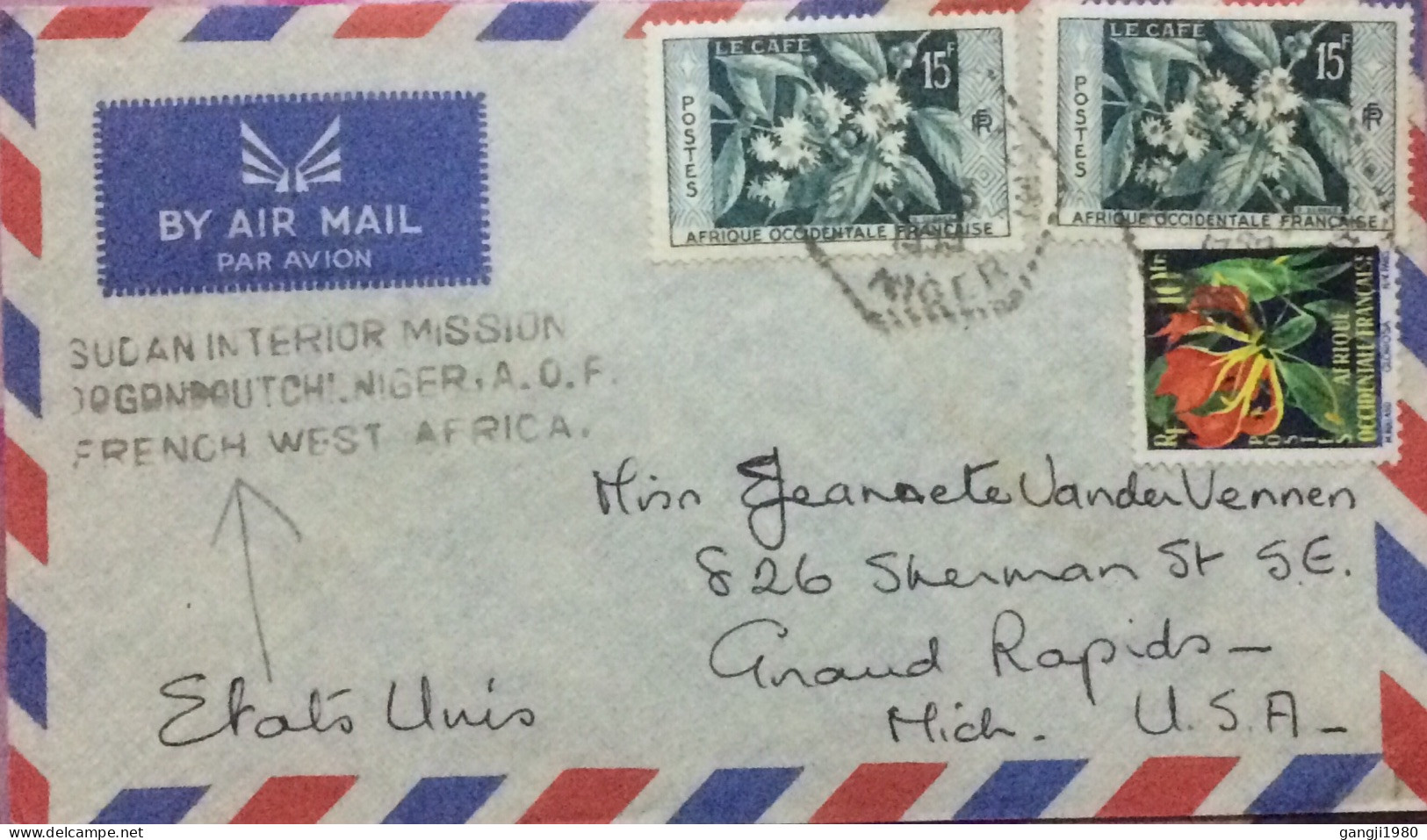 FRECH NIGER (FRENCH WEST AFRICA) 1958, COVER USED TO USA, SUDAN INTERIOR MISSION, DOGONDOUTCHI, A.O.F., 3 FLOWER STAMP. - Storia Postale
