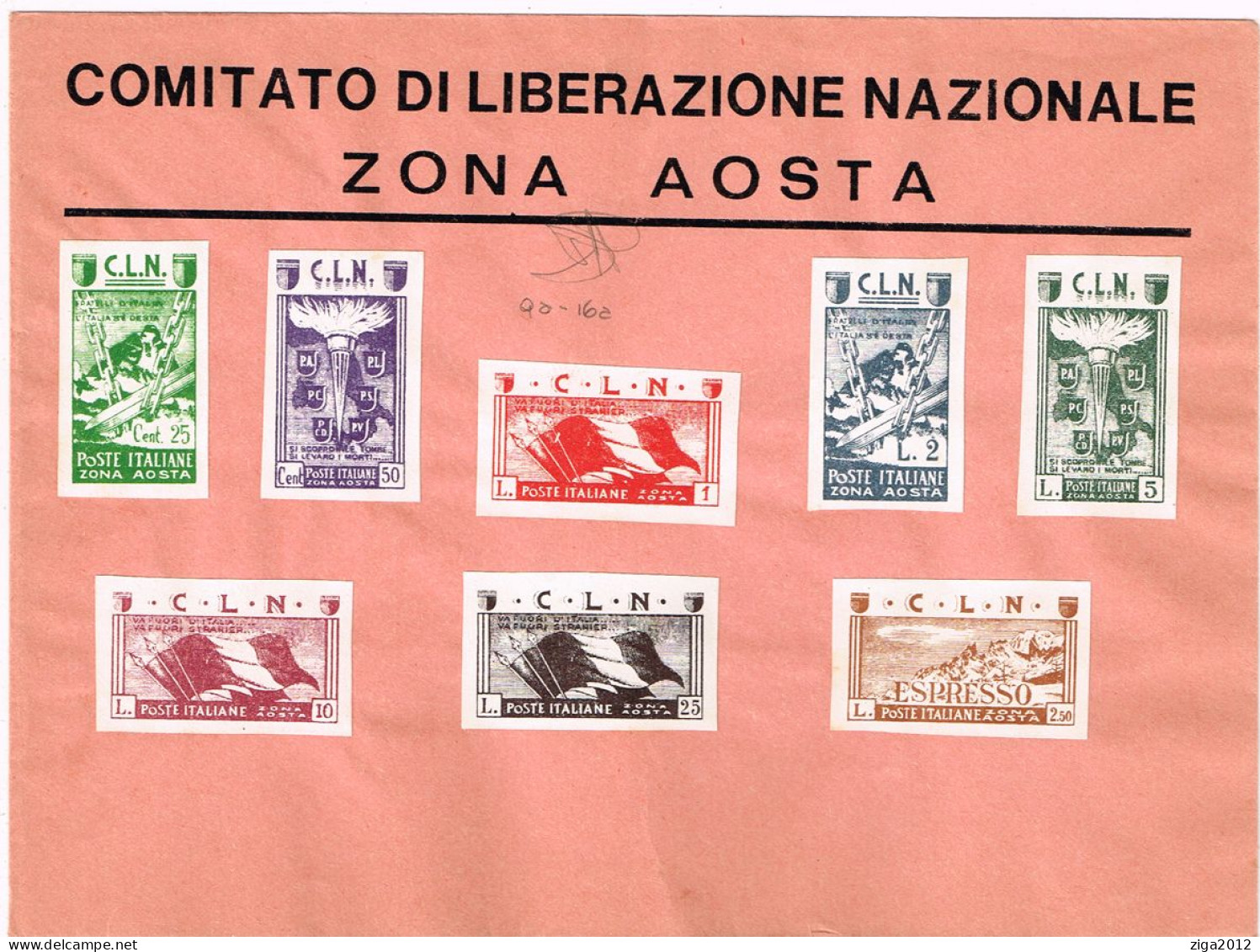 ITALY 1944 GRANDE BUSTA C.L.N. CON LA SERIE COMPLETA DEGLI 8 VALORI NON DENTELLATI - Nationales Befreiungskomitee