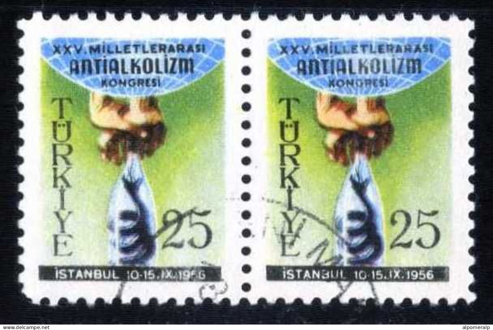Türkiye 1956 Mi 1486 [Pair] International Anti-Alcoholism Congress | Hands Holding Bottled Serpent - Used Stamps