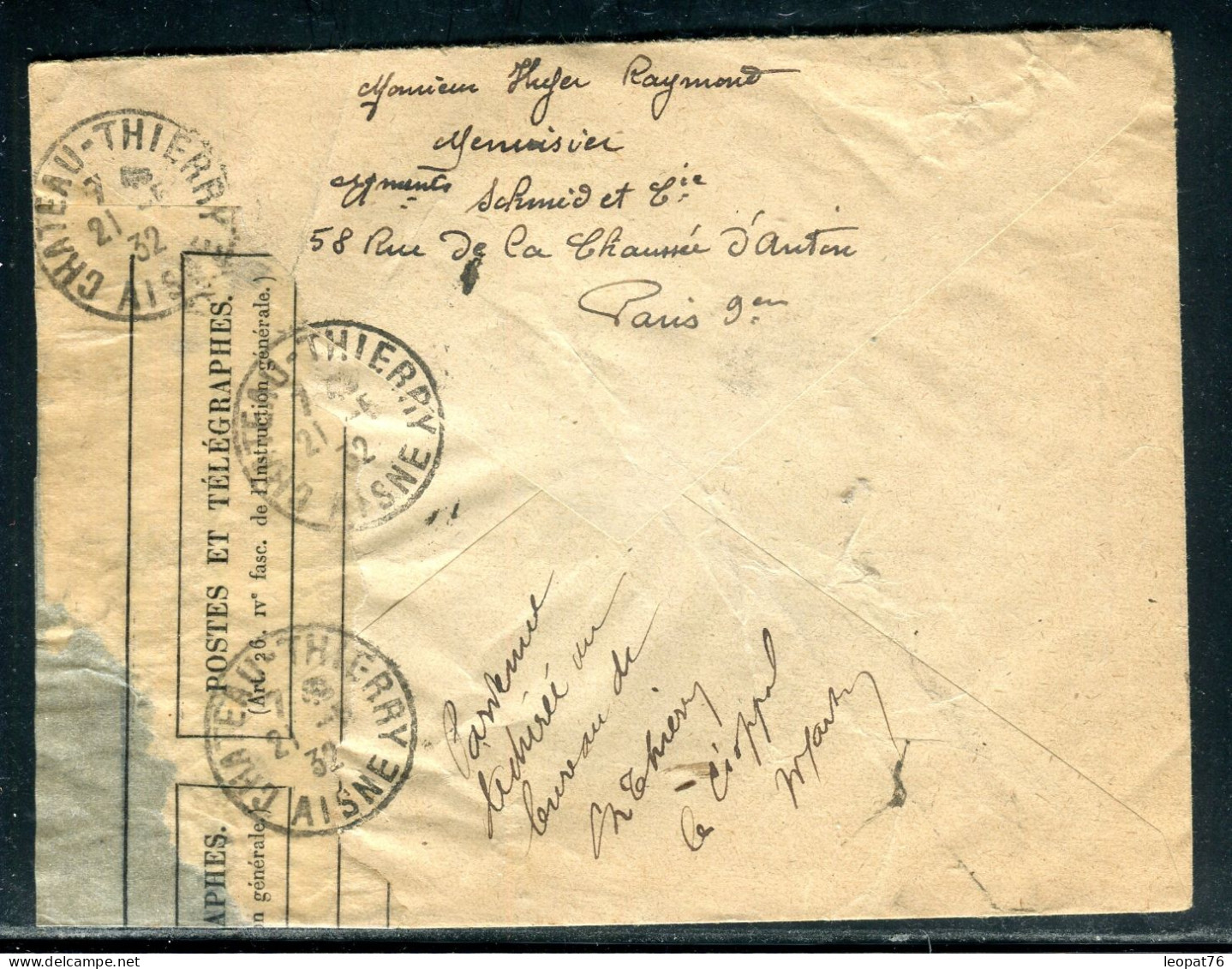 Bande De Réparation De La Poste De Château Thierry Sur Enveloppe De Paris En 1932, Voir Notes Au Dos - Référence  A 46 - Lettres Accidentées