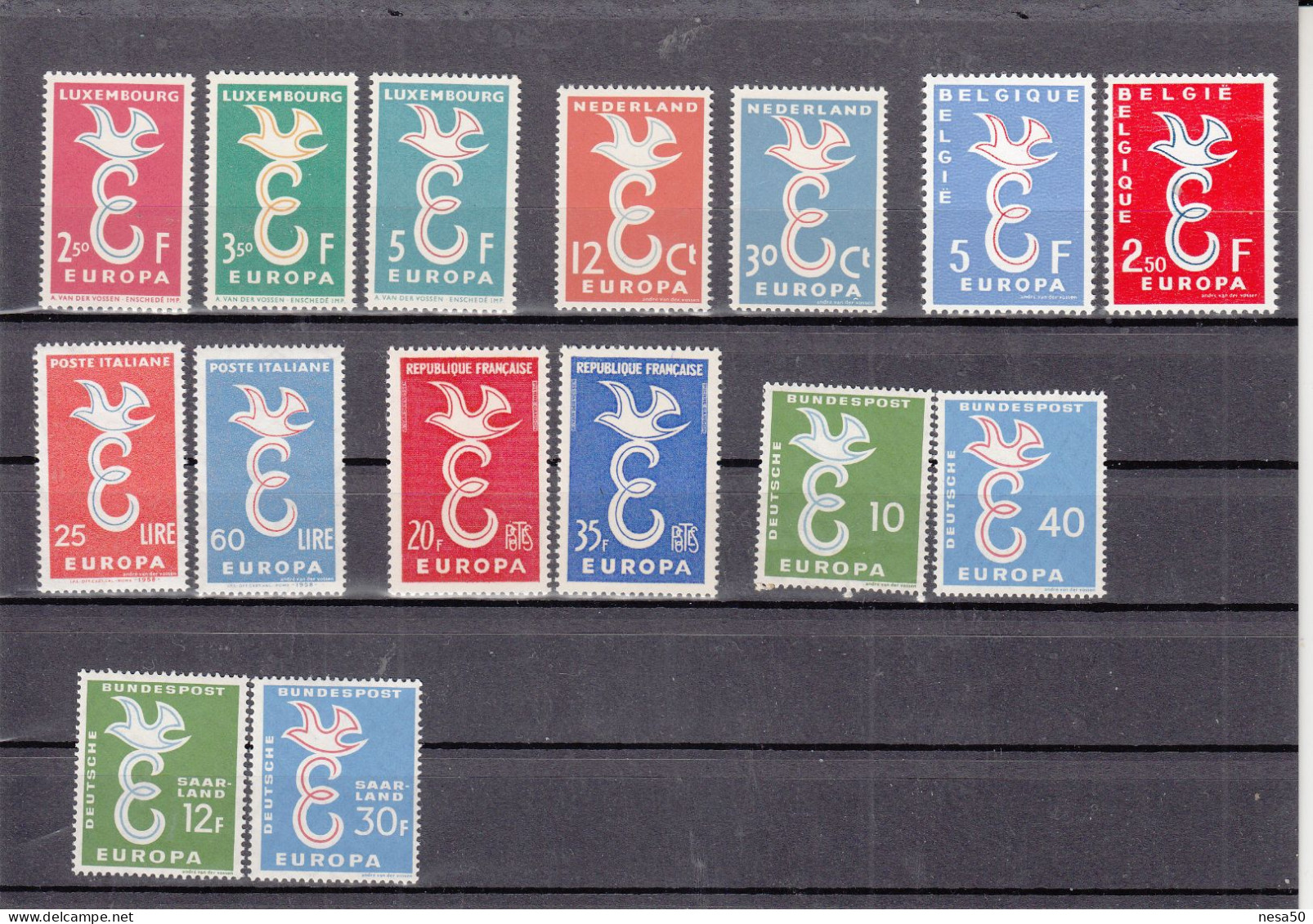 Europa Cept Serie 1959 , Europa, ;uxemburg, Nederland, Belgie, Italie,Frankrijk, Bundespost. Saarland - 1958