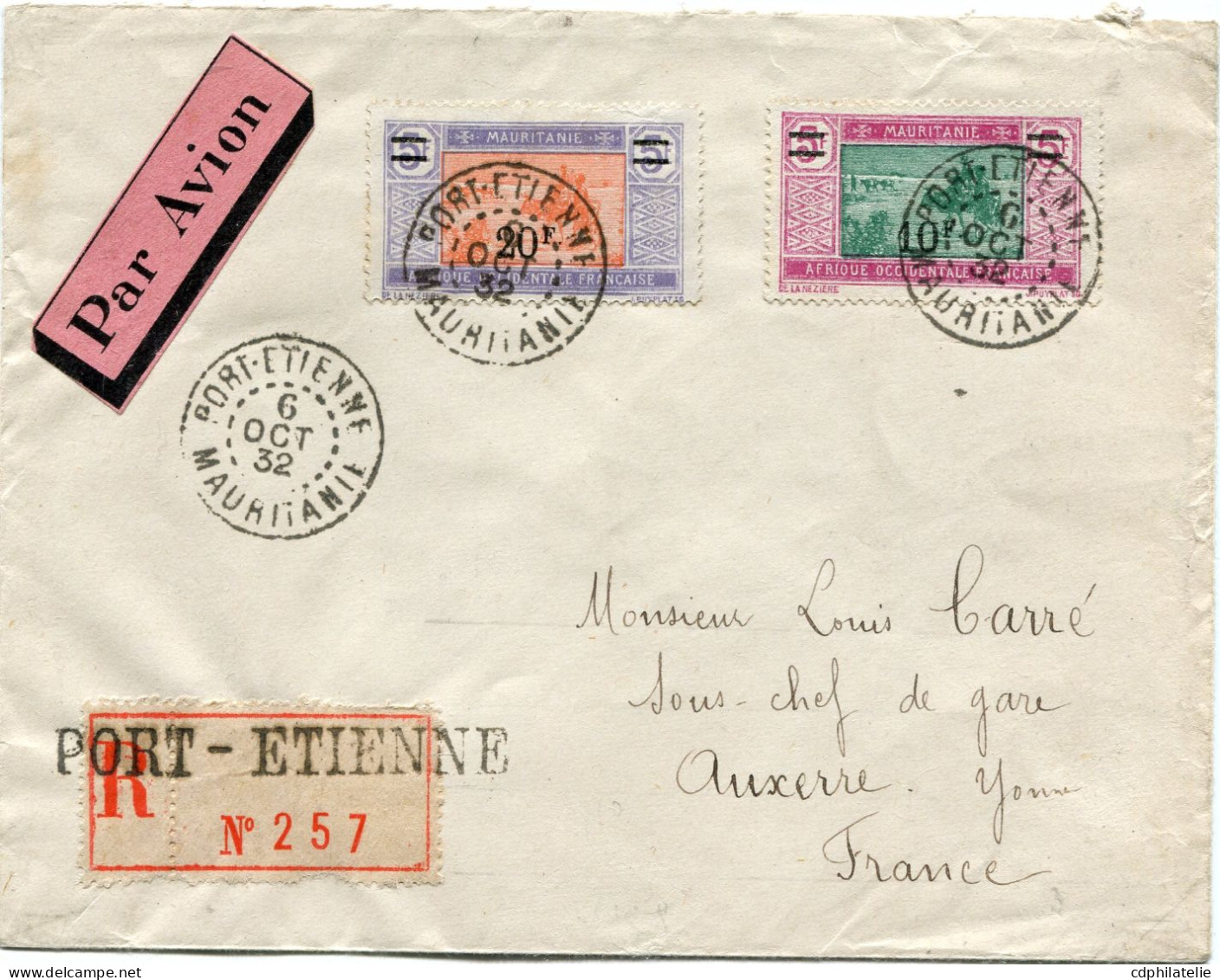 MAURITANIE LETTRE RECOMMANDEE PAR AVION DEPART PORT-ETIENNE 6 OCT 32 MAURITANIE POUR LA FRANCE - Storia Postale