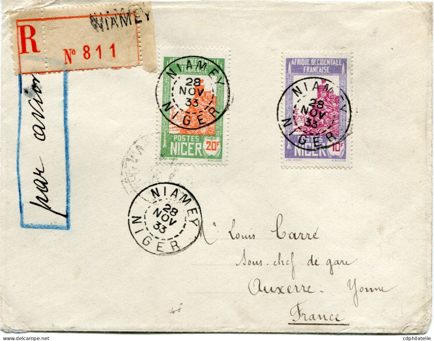 NIGER LETTRE RECOMMANDEE PAR AVION DEPART NIAMEY 28 NOV 33 NIGER POUR LA FRANCE - Storia Postale