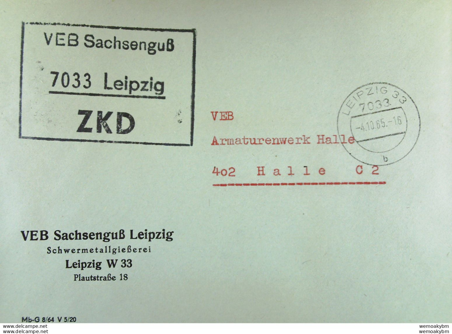 Brief Mit ZKD-Kastenstempel "VEB Sachsenguß 7033 Leipzig" Vom 4.10.65 An VEB Amaturenwerk Halle - Zentraler Kurierdienst