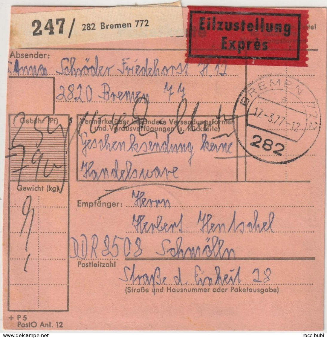 Paketkarte, Bremen Nach Schmölln - Otros & Sin Clasificación