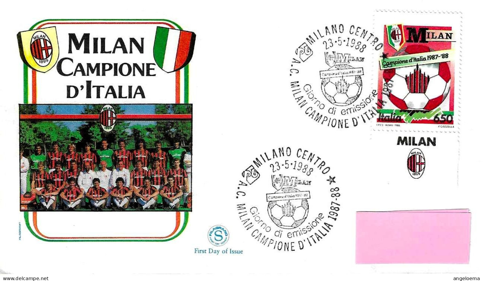 ITALIA- 1988 MILANO MILAN Campione Italia Calcio Su Busta Fdc Filagrano Viaggiata, Francobollo Con Appendice Milan -4210 - Clubs Mythiques