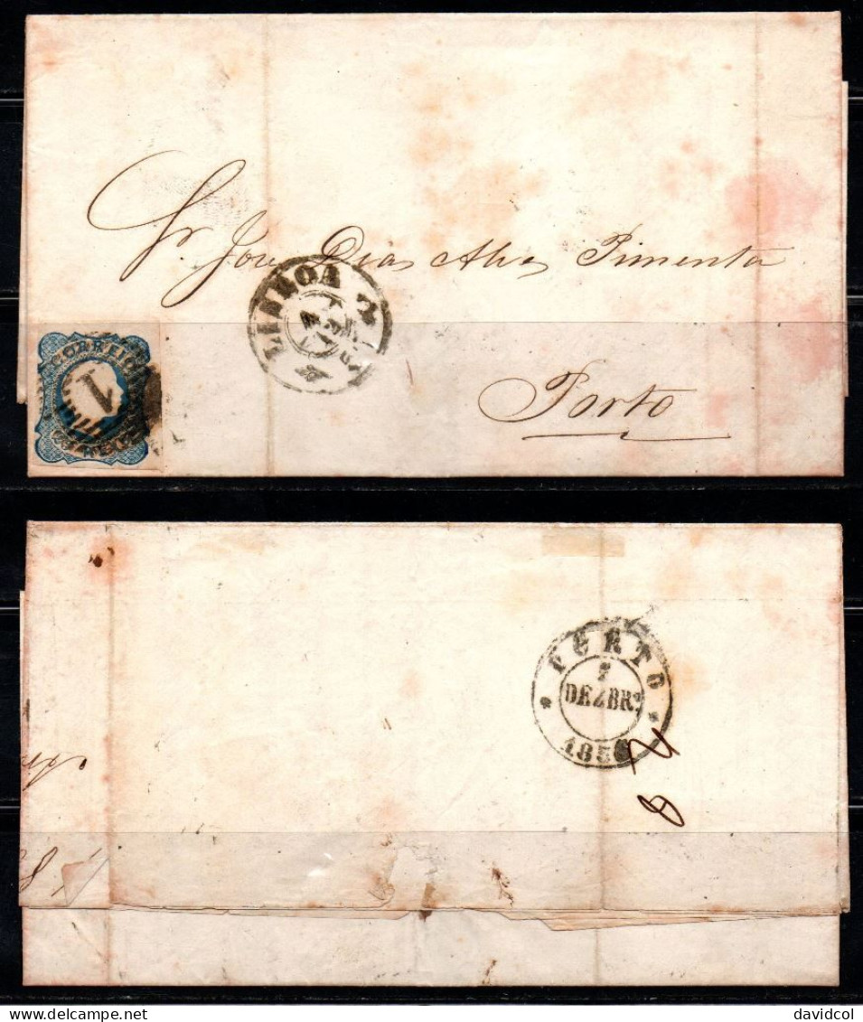 CA663- COVERAUCTION!!!- PORTUGAL - KING PEDRO V. SC#:6. STRAIGHT HAIR- FOLDED LETTER LISBOA 4-12-1855 TO PORTO 7-12-1855 - Lettres & Documents