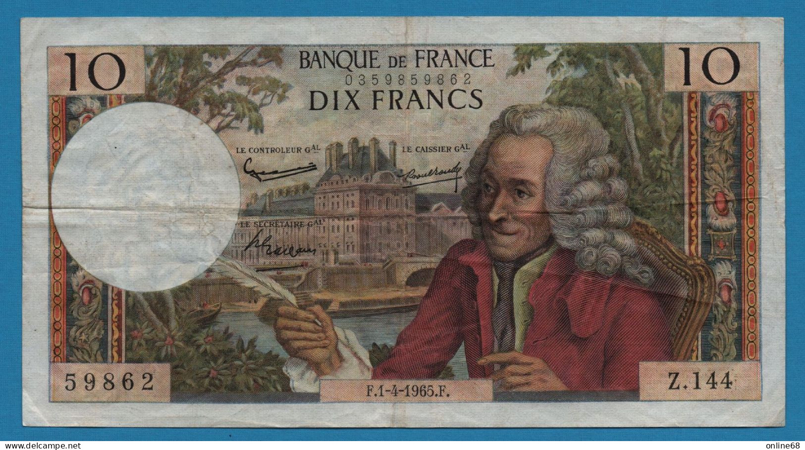 FRANCE 10 FRANCS 01-04-1965 # Z.144 P# 147a Voltaire - 10 F 1963-1973 ''Voltaire''