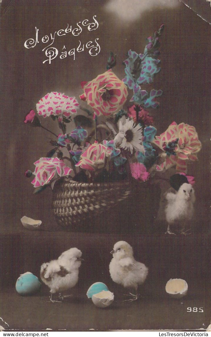 Pâques - Panier De Fleurs Et Trois Poussins - Carte Postale Ancienne - Pâques