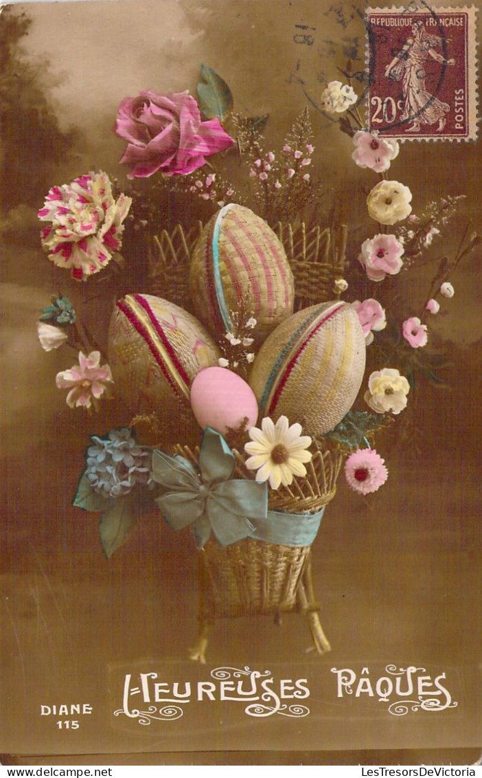 Pâques - Panier De Fleurs Et Oeufs - Carte Postale Ancienne - Pâques