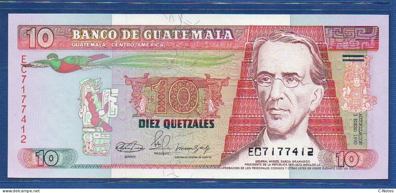 GUATEMALA - P. 75b2 – 10 Quetzales 1990 UNC, S/n  EC7177412,   Printer: 	 Thomas De La Rue, London - Guatemala