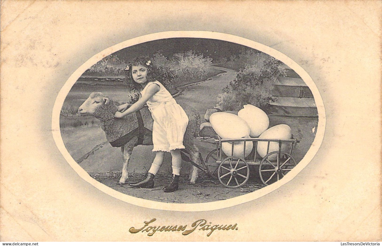 Pâques - Charette à Mouton Chargée D'œuf - Fillette - Carte Postale Ancienne - Pâques