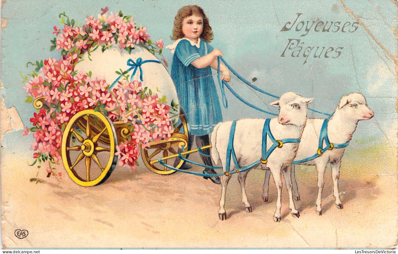 Pâques - Fillette Pilote Un Chariot Tiré Par 2 Moutons - Carte Postale Ancienne - Pâques