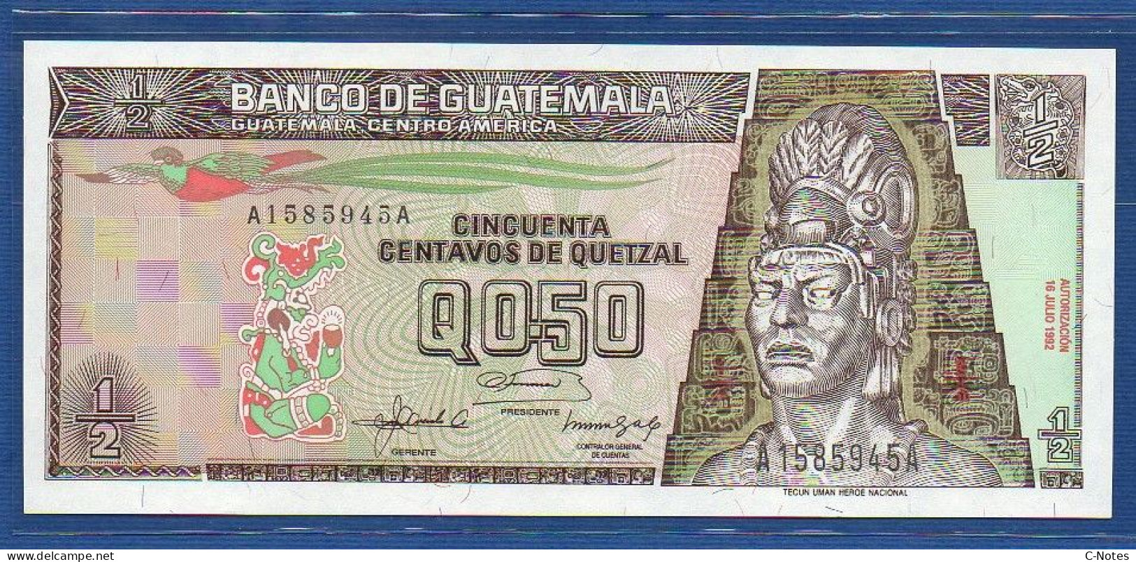 GUATEMALA - P. 79 – 50 Centavos De Quetzal 16.07.1992 UNC, S/n  A1585945A,   Printer: FC Oberthur, France - Guatemala