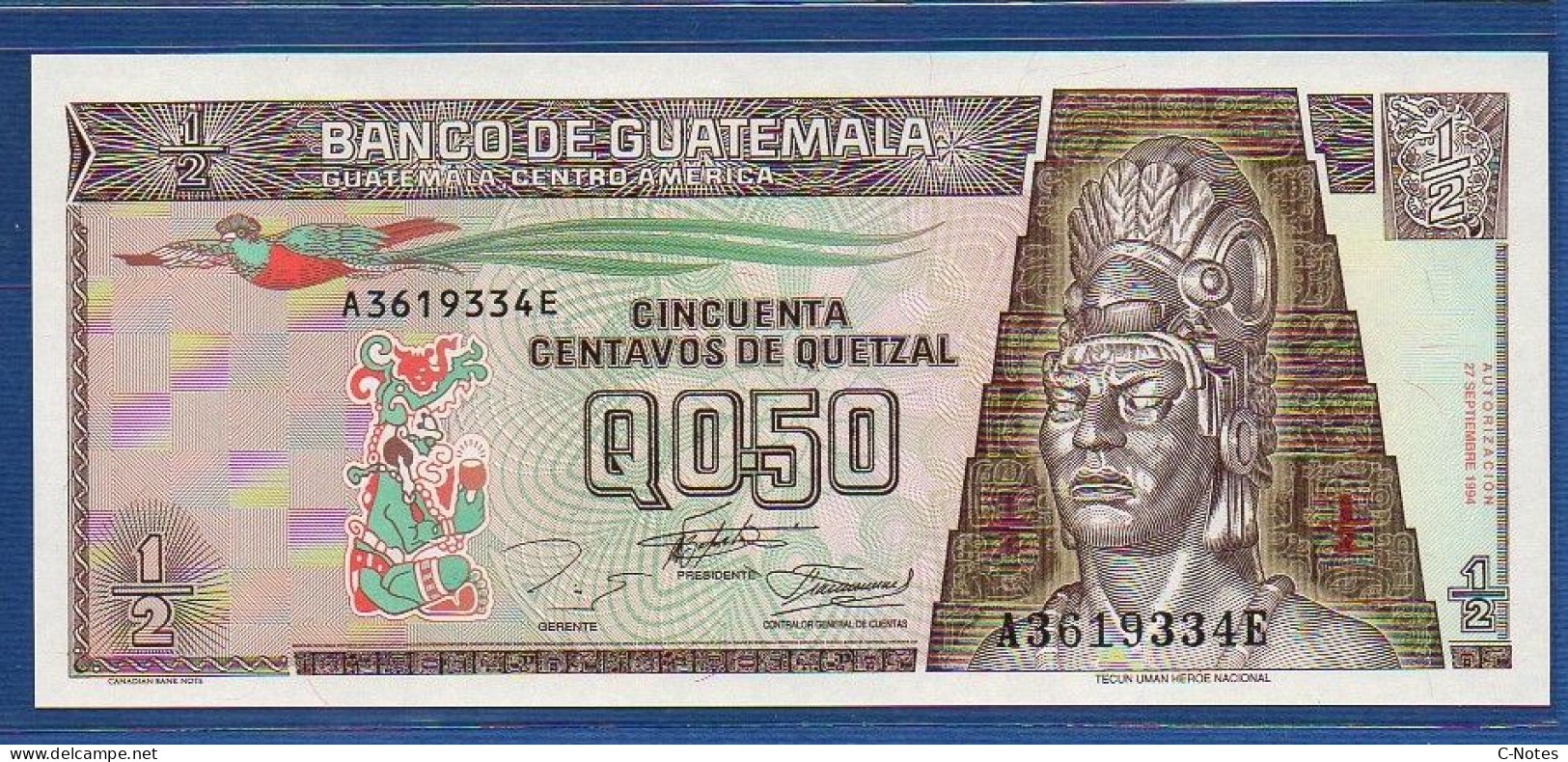 GUATEMALA - P. 86b – 50 Centavos De Quetzal 27.9.1994 UNC, S/n  A3619334E, Printer: Canadian Bank Note Company - Guatemala