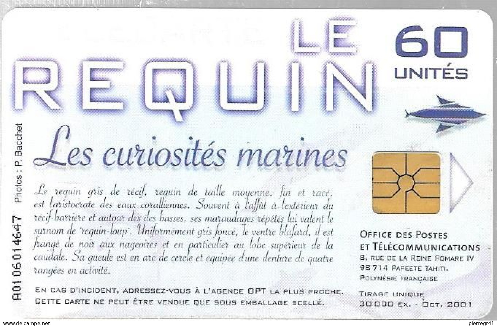 CARTE-PUCE-POLYNESIE-60U-PF120-GEMA-10/01-Le REQUIN -UTILISE-TBE - Polynésie Française