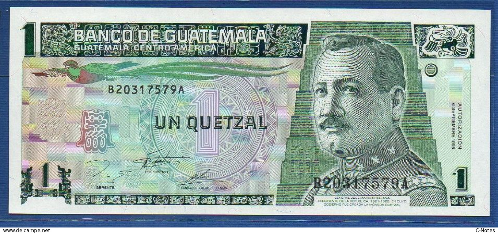 GUATEMALA - P. 87c – 1 Quetzal 1995 UNC, S/n B20317579A,   Printer: Canadian Bank Note Company - Guatemala