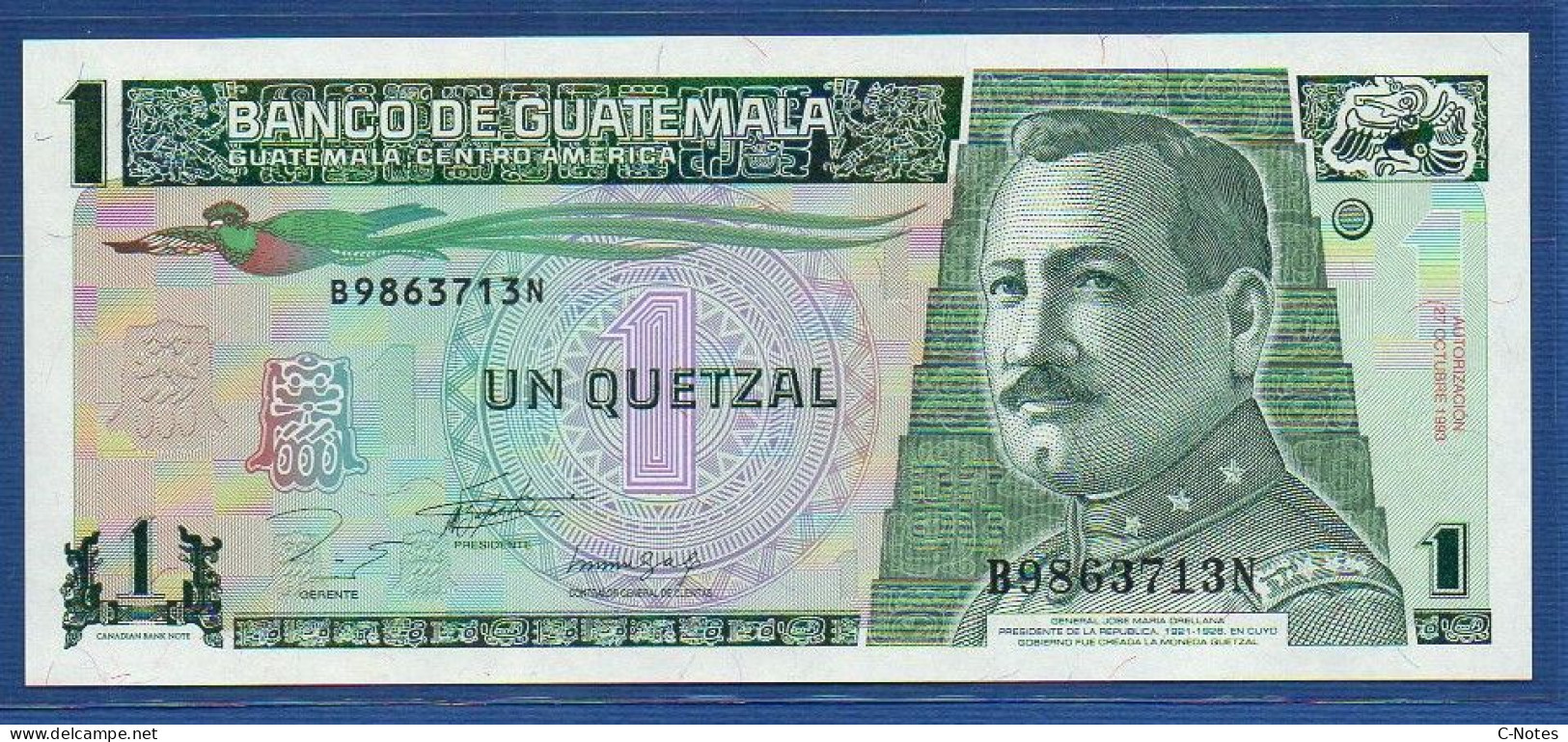 GUATEMALA - P. 87a – 1 Quetzal 1993 UNC, S/n B9863713N,   Printer: Canadian Bank Note Company - Guatemala