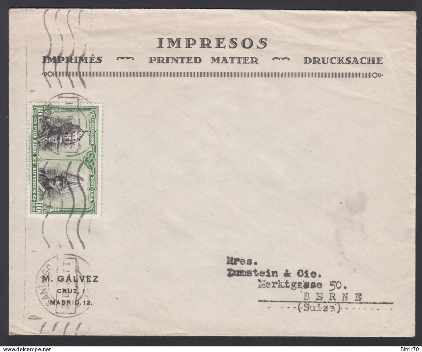 1928. Sobre Impresos Madrid A Berne.( Suiza.), Ed. 423, 10 C. Verde, Sello Pro Catacumbas. - Cartas & Documentos