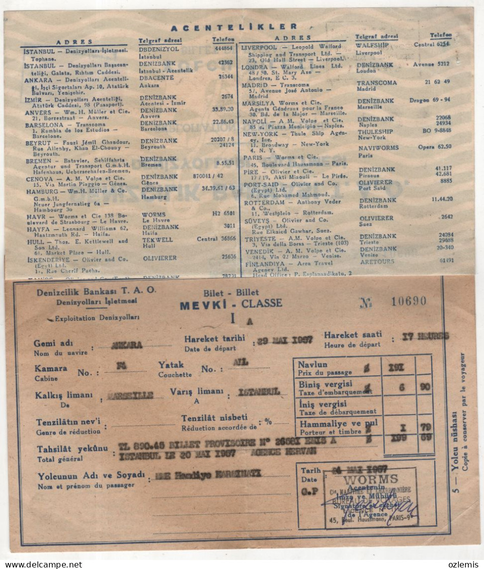 TURKEY,TURKEI,TURQUIE ,FRANCE ,MARSEILLE,TO ISTANBUL,TURKEY ,1957 ANKARA ,SHIP ,EXPLOITATION,TICKET - Europa