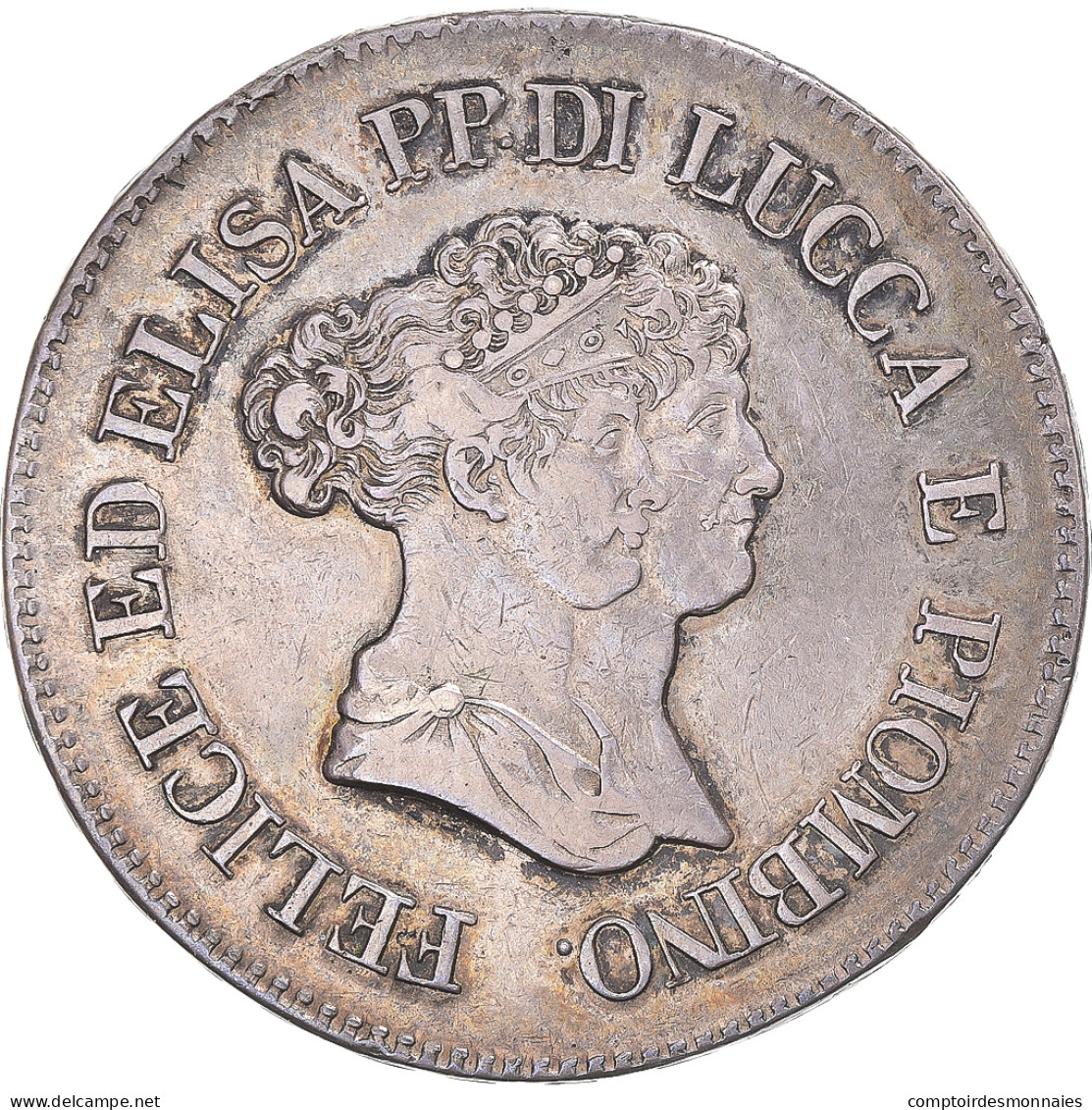 Monnaie, États Italiens, LUCCA, Felix And Elisa, 5 Franchi, 1805, Florence - Napoleonische