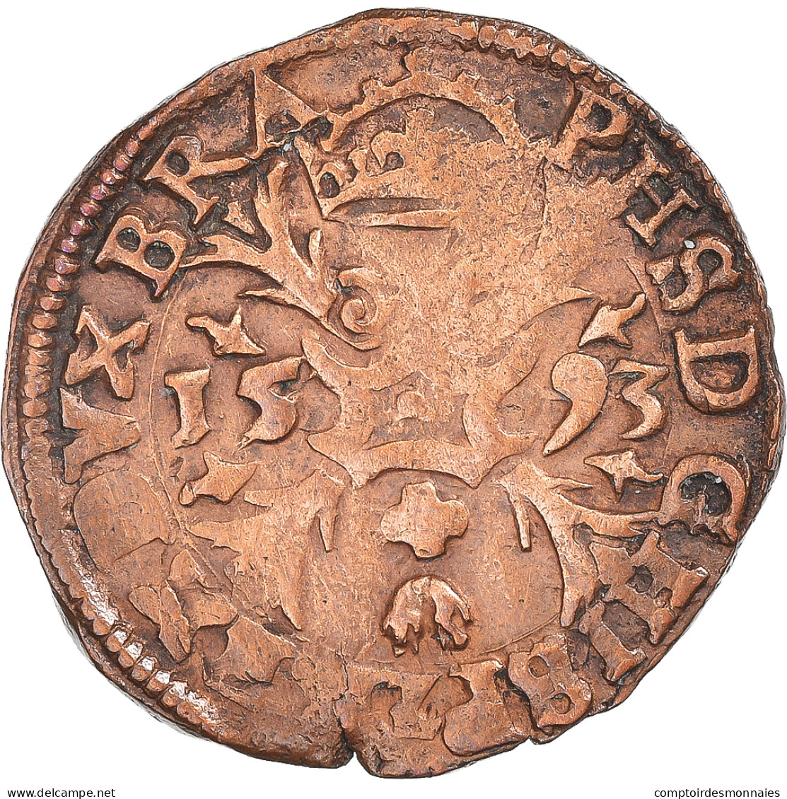 Monnaie, Pays-Bas Espagnols, Philippe II, Gigot, 1593, Bruxelles, TTB, Cuivre - …-1795 : Période Ancienne