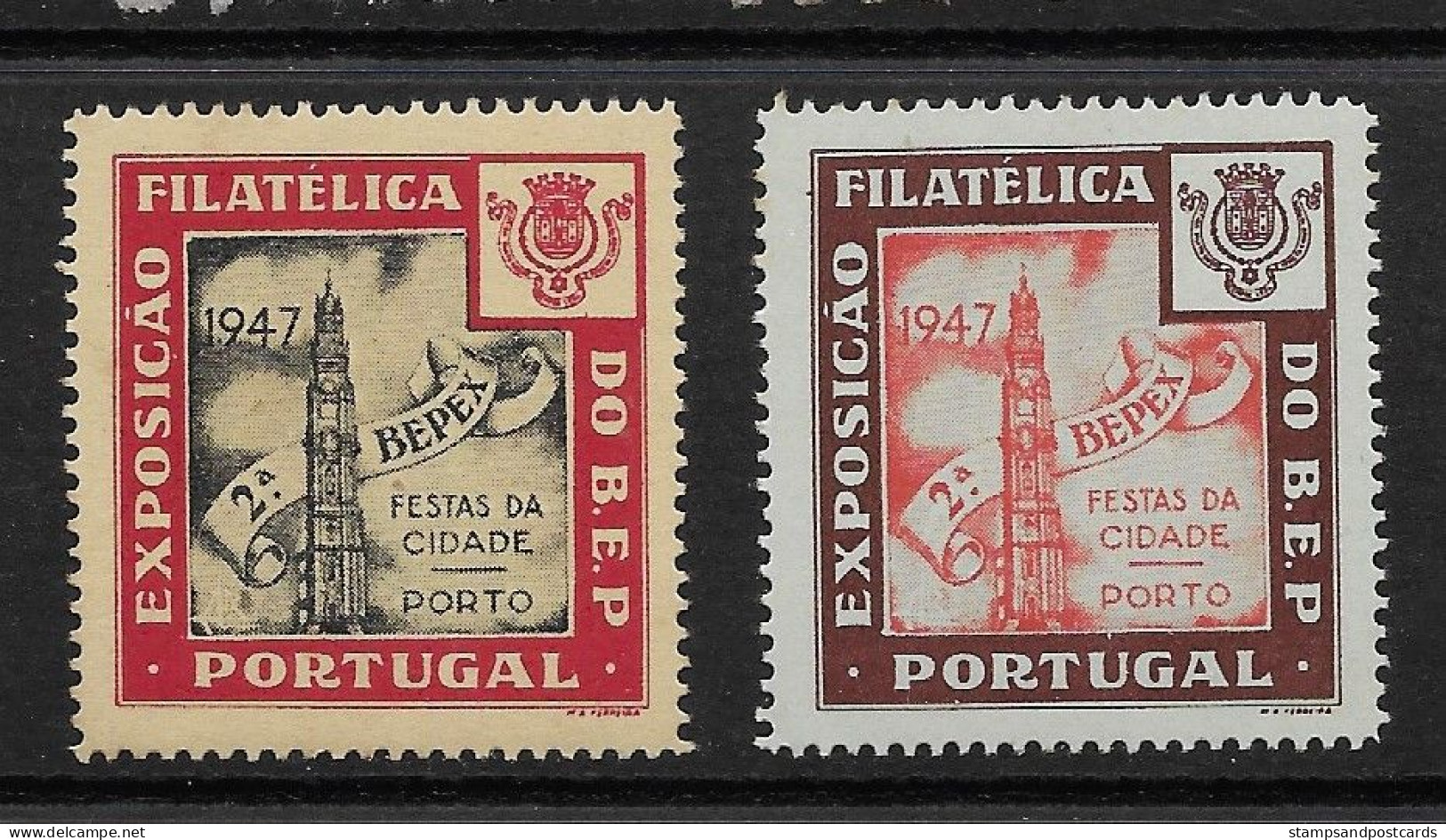 Portugal 2 Vignette Bepex Expo Philatelique Porto 1947 Tour Clerigos Eglise Tower Church Cinderella Stamp Expo - Emissions Locales