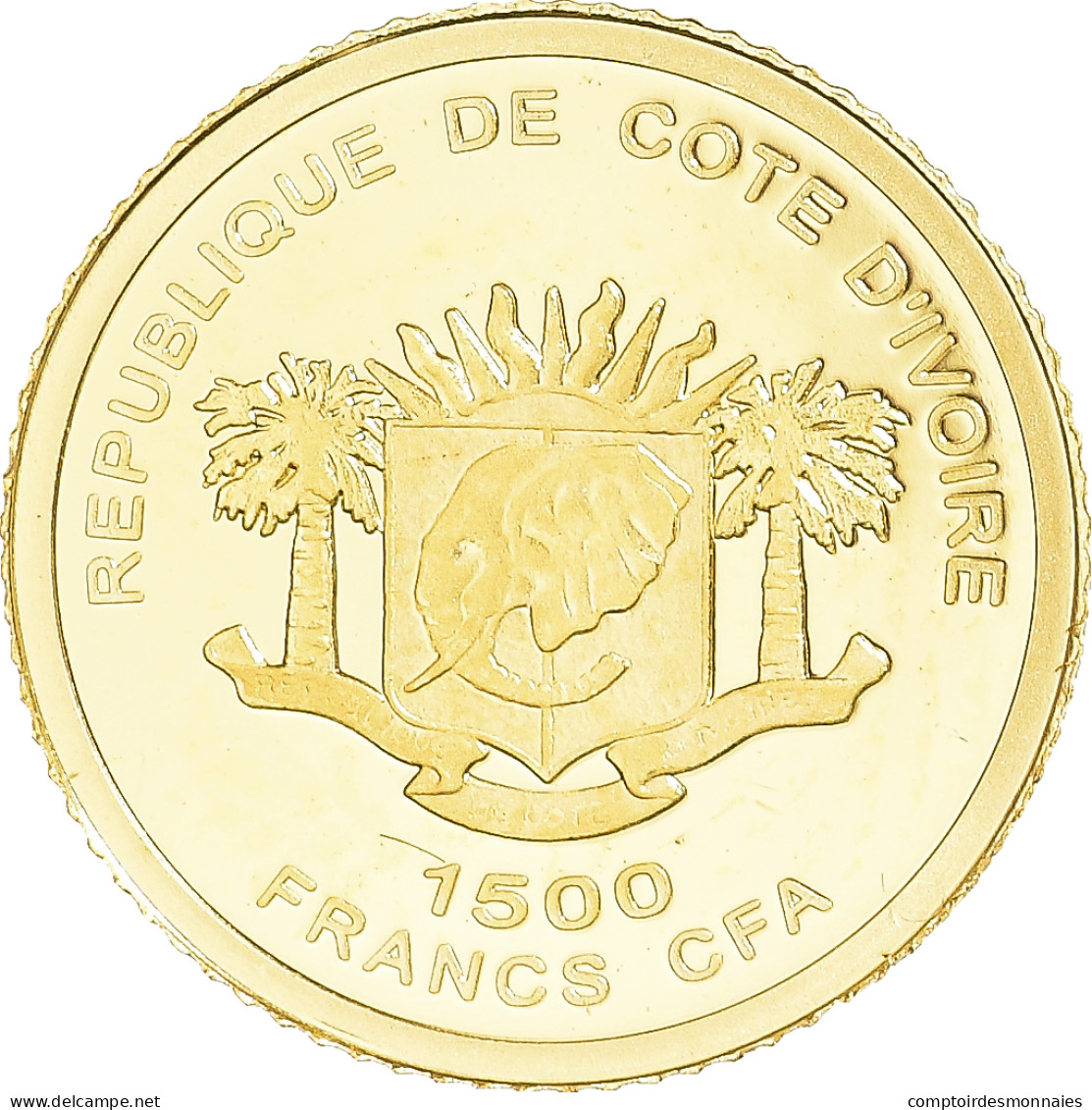 Monnaie, Côte D'Ivoire, Justice, 1500 Francs CFA, FDC, Or - Costa D'Avorio