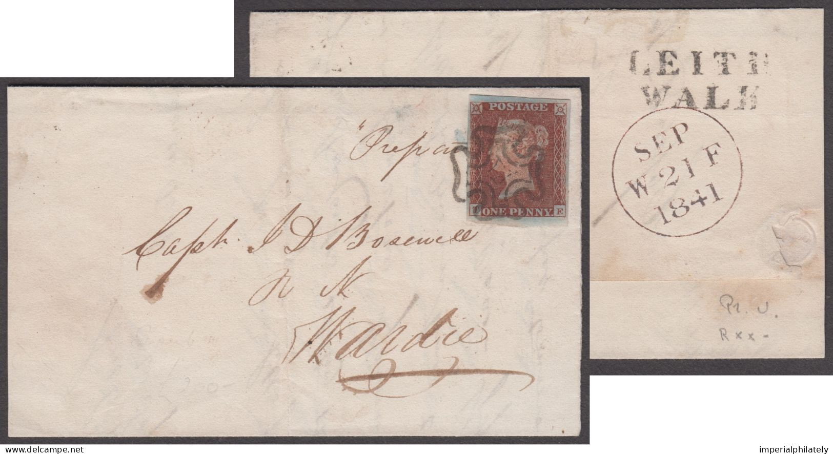 1841 1d Red Plate 11 TE (from The Black Plate), Fine To Huge Margins, Tied By Crisp Black MC On Wrapper (Scotland) - Lettres & Documents