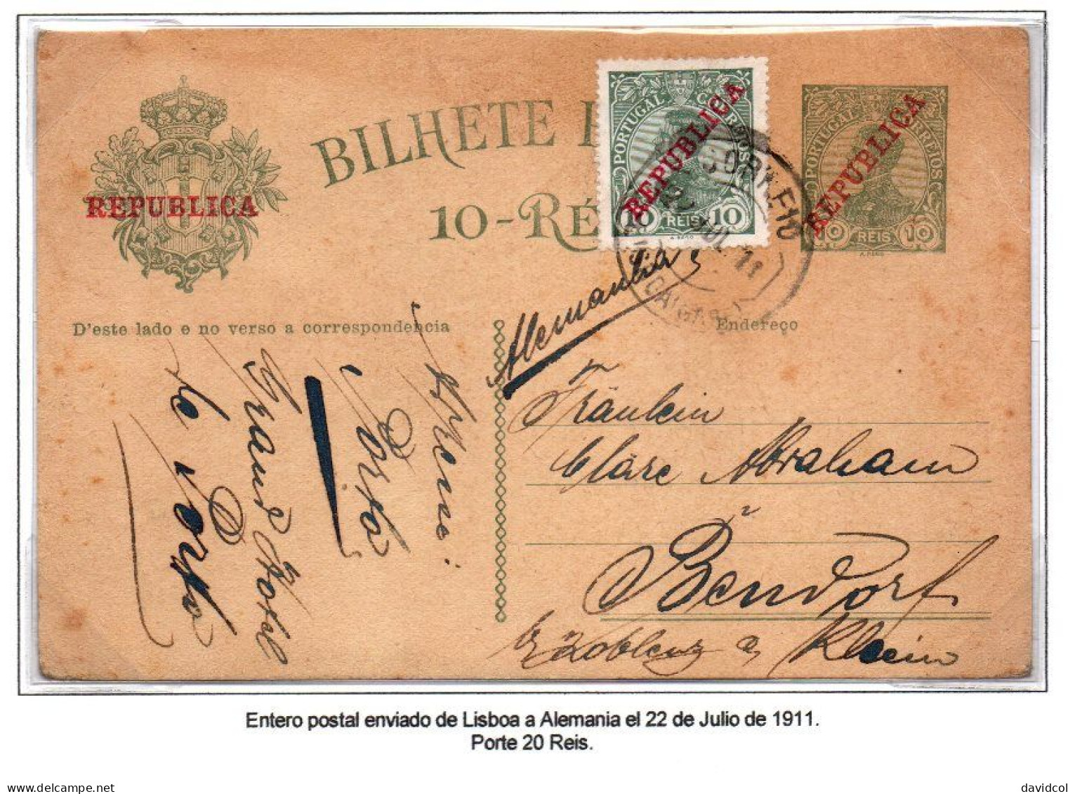 CA680- COVERAUCTION!!!- PORTUGAL -1910 - SC#: - USED POSTCARD FROM LISBOA 22-JUL-1911 TO GERMANY. - Covers & Documents