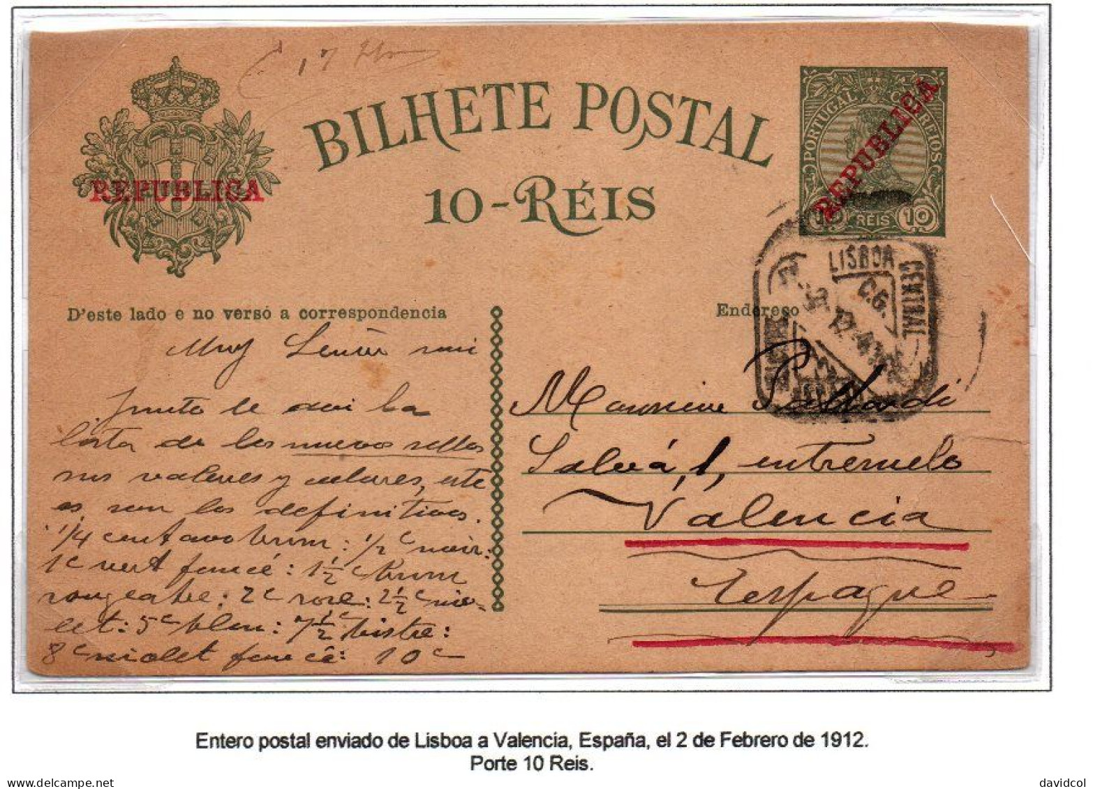 CA681- COVERAUCTION!!- PORTUGAL -1910 - USED POSTCARD FROM LISBOA 2-FEB-1912 TO VALENCIA-SPAIN - Briefe U. Dokumente