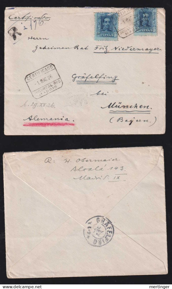 Spain 1926 Registered Cover MADRID X GAFELFING MUNICH Germany - Cartas & Documentos