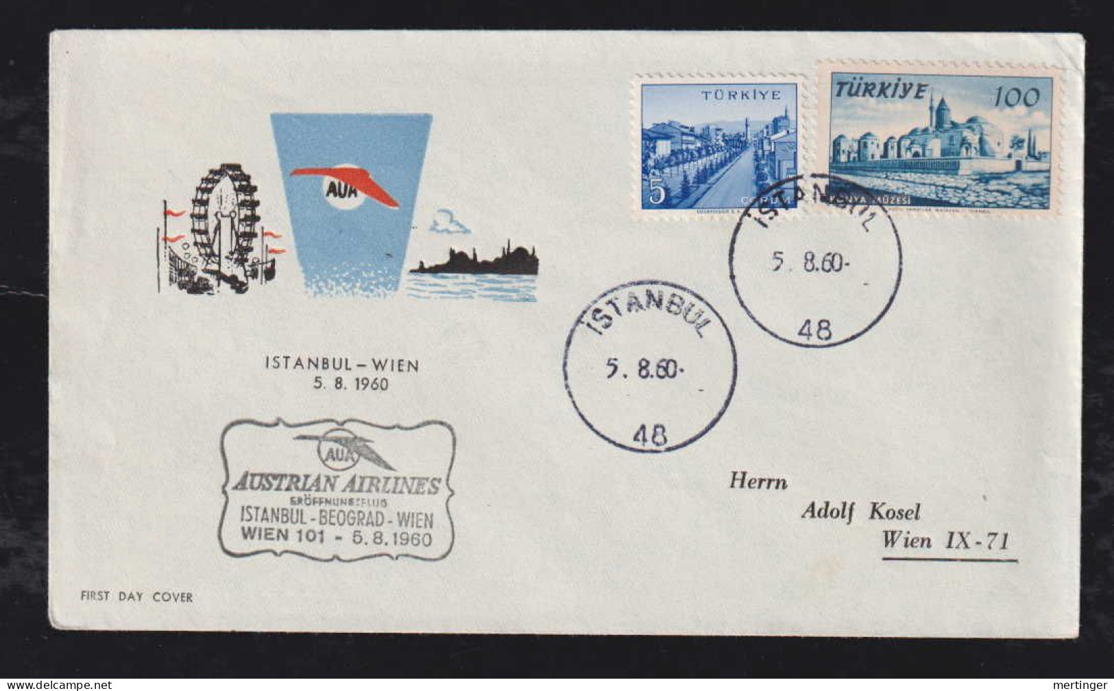 Türkei Turkey 1960 FFC First Flight Cover AUSTRIAN AIRLINES Istanbul X Beograd X Wien - Lettres & Documents