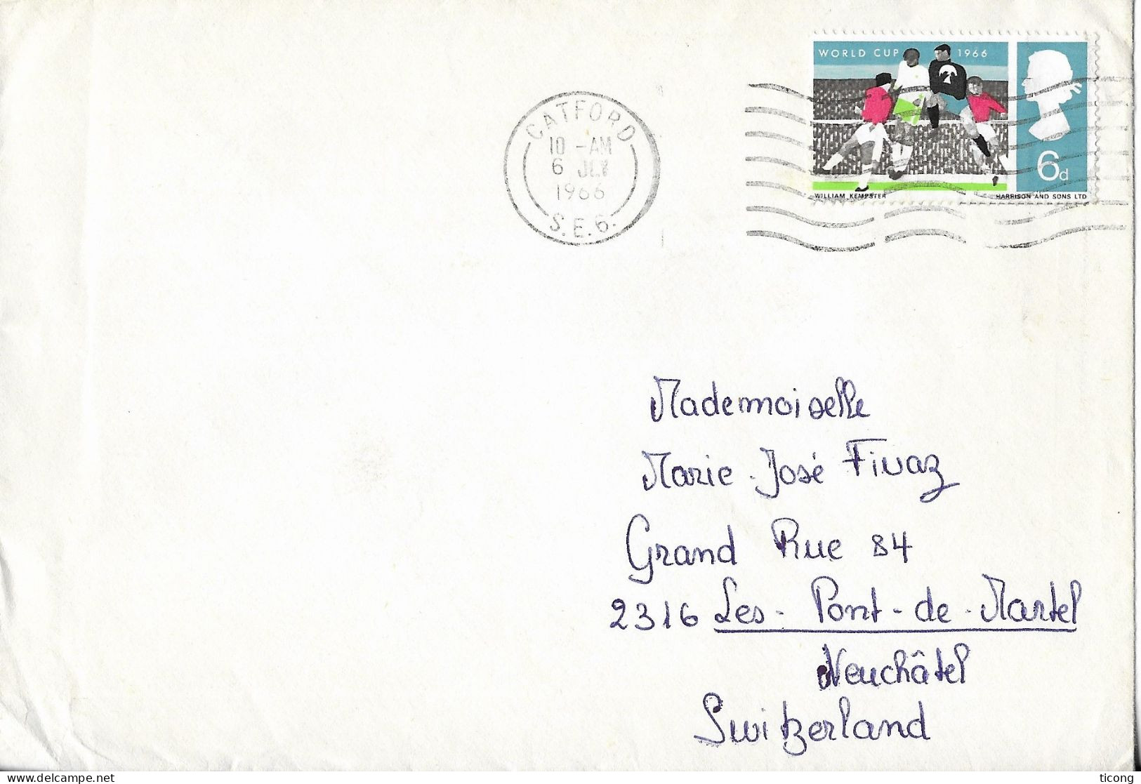 FOOTBALL COUPE DU MONDE ANGLETERRE 1966 - LETTRE DE CATFORD DE 1966, TIMBRE SEUL SUR LETTRE POUR NEUCHATEL SUISSE - 1966 – England