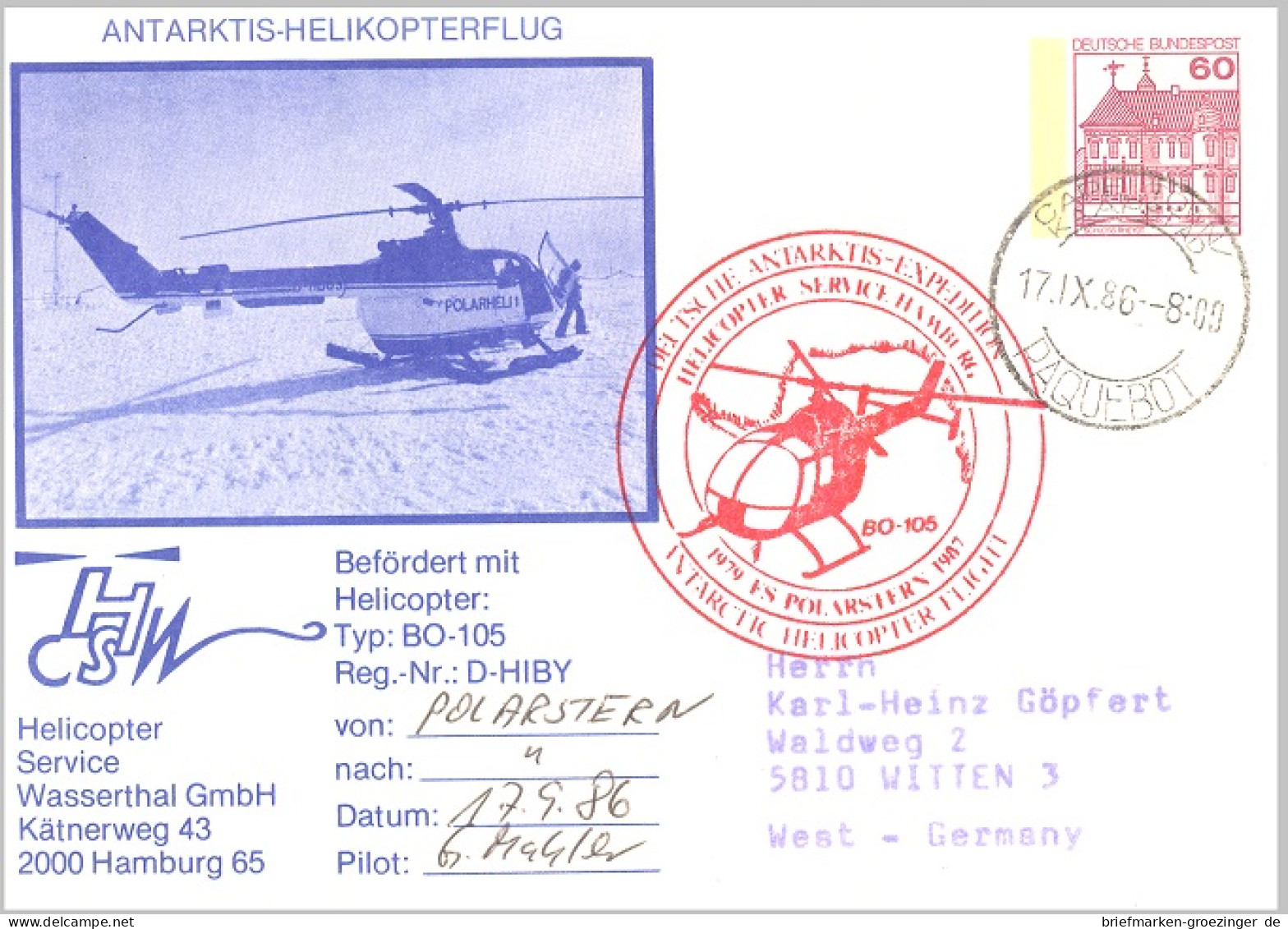 Bund Privatganzsache Befördert Mit Helicopter-16-7476 - Cartes Postales Privées - Oblitérées