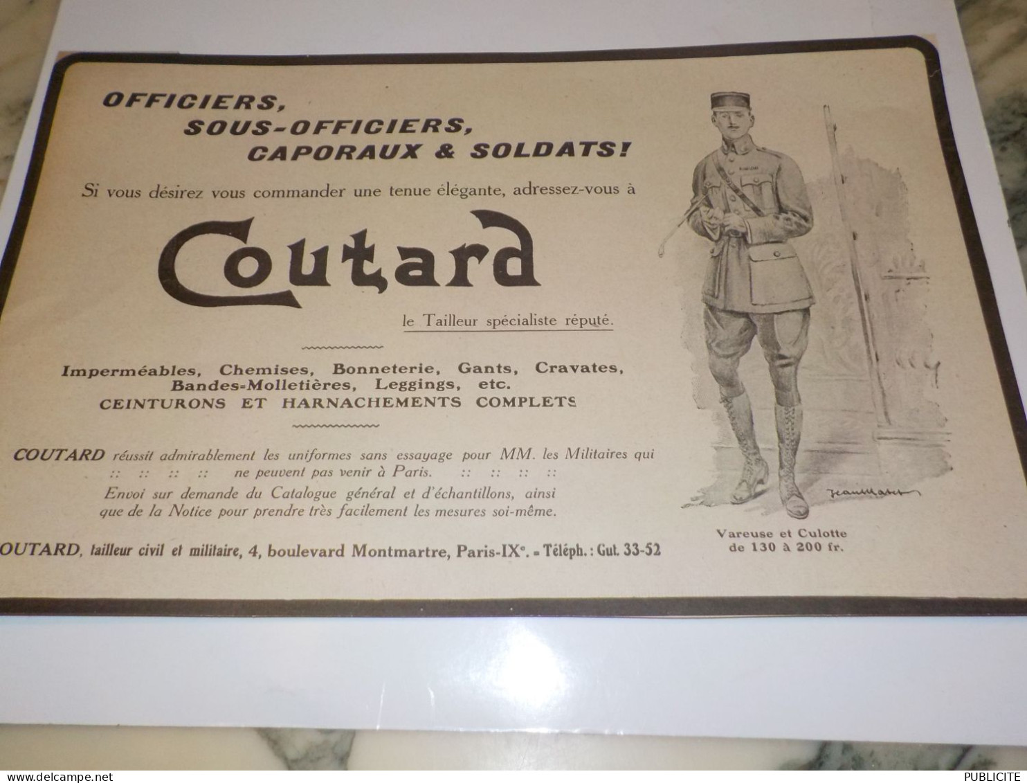 ANCIENNE PUBLICITE OFFICIER CAPORAUX SOLDATS TENUE COUTARD 1914 - Uniformes