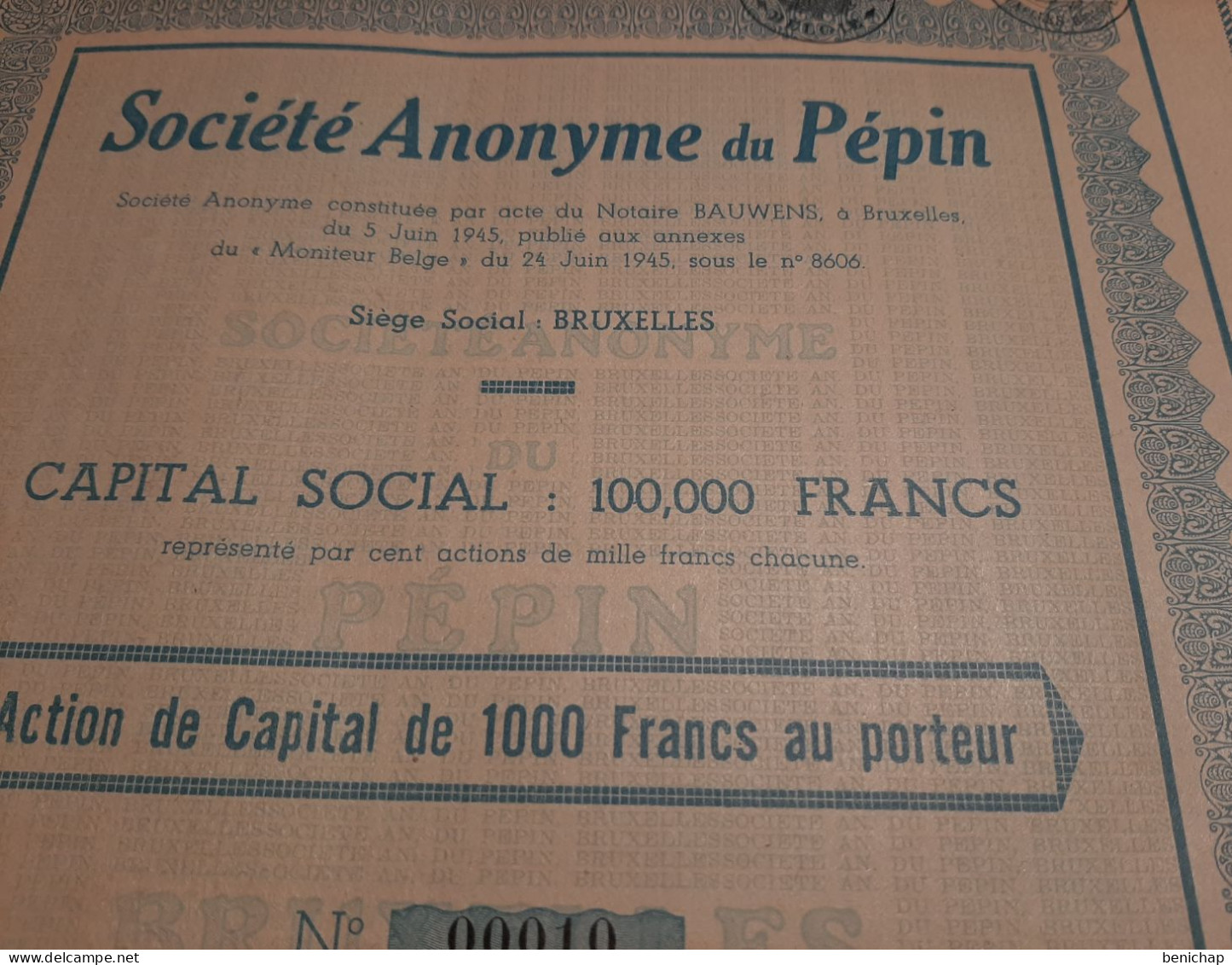 Société Anonyme Du Pépin - Hôtellerie -  Action De Capital De 1000 Frs Au Porteur - Bruxelles Juin 1945. - Bank En Verzekering